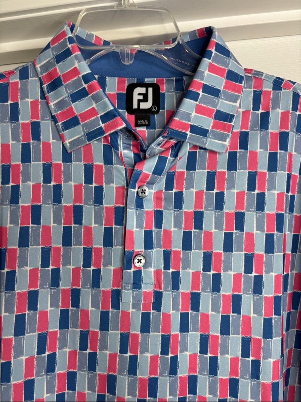 FootJoy Blue and Pink Block-Print Golf Polo large NWOT